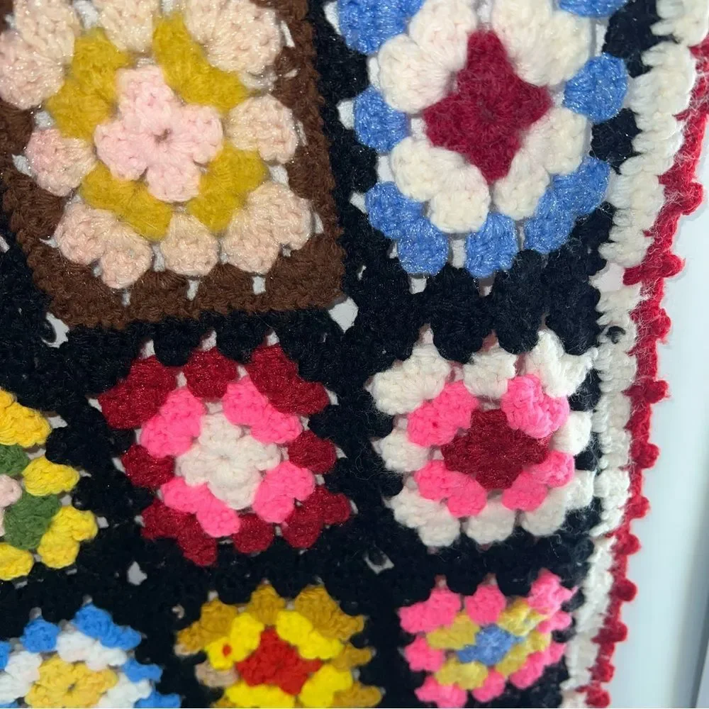 Vintage Afgani Crochet Grandma Square Blanket Throw Quilt Multicolor Handmade
